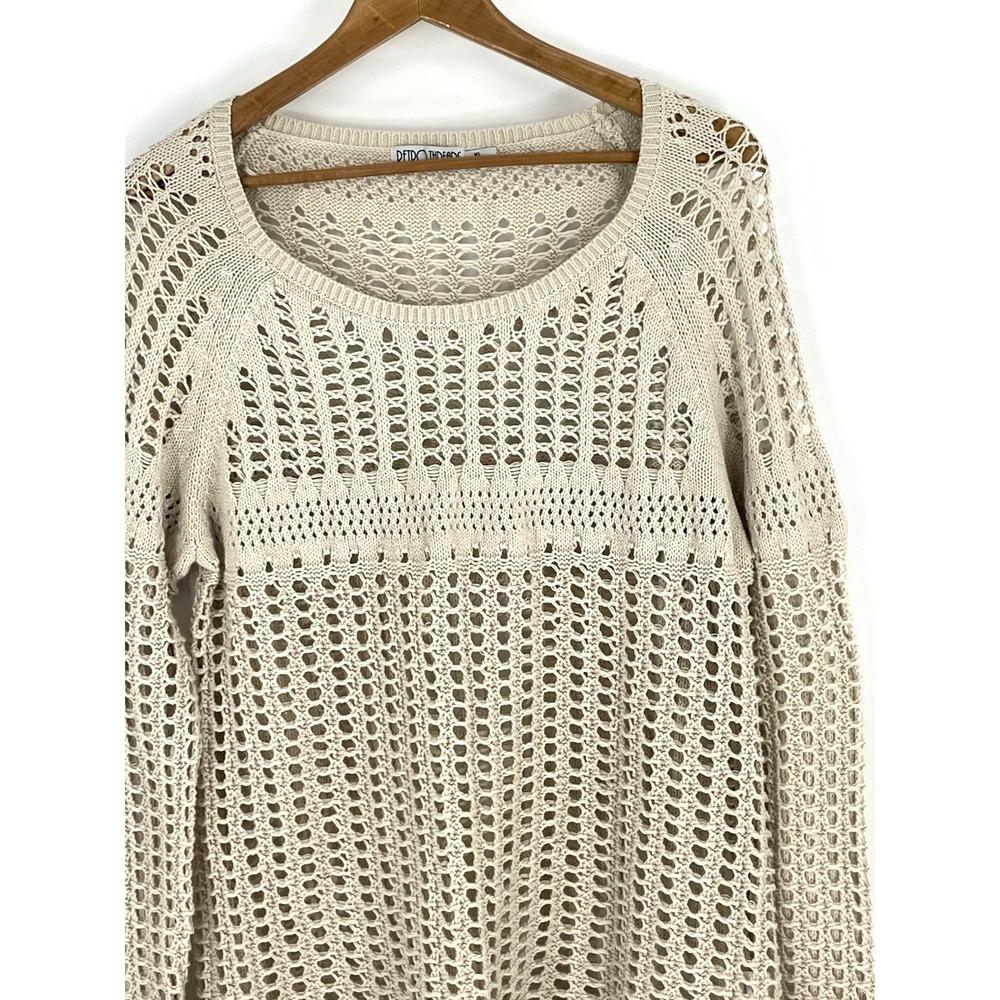 Retro Threads Crochet Sweater Womens XL Beige Open Knit Bell Sleeve Boho Hippie - Picture 4 of 10